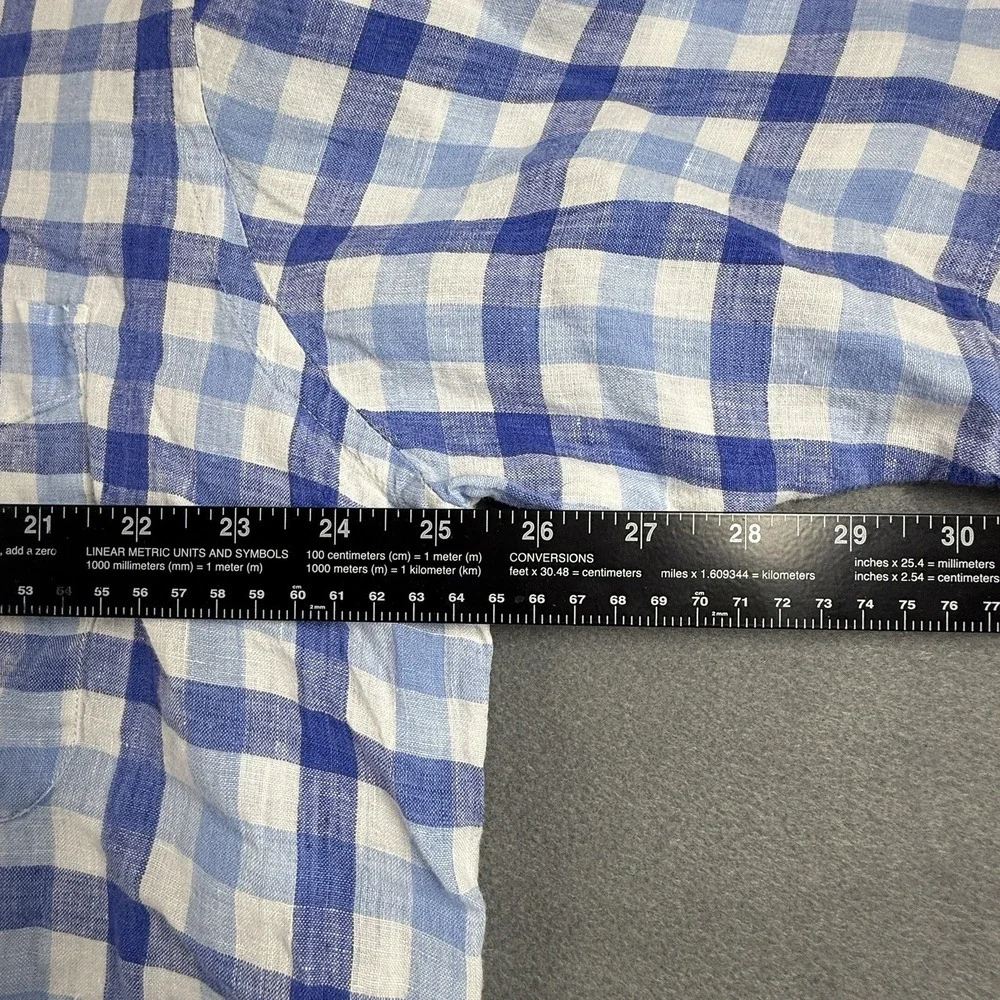 Alan Flusser Mens XL Short Sleeve‎ Button Up Shirt 100% Linen Blue White Plaid